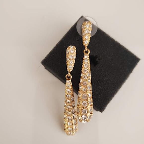 VTG Roman Women's Teardrop Dangle Earrings Gold Tone‎ Rhinestones Bling Pierced - Picture 1 of 7